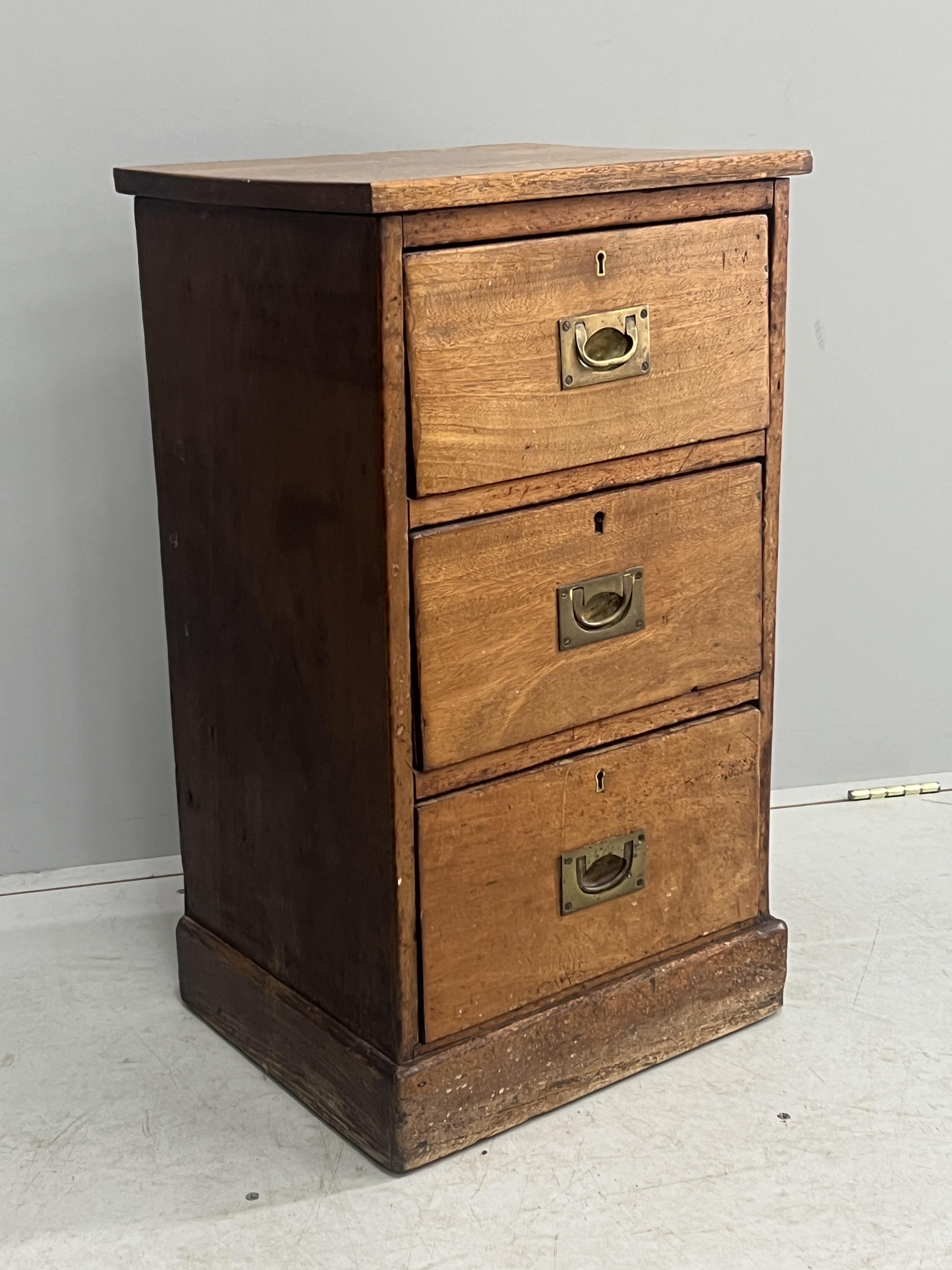 A Victorian mahogany three drawer bedside chest, adapted, width 42cm, depth 35cm, height 74cm